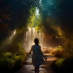 a woman walks on a path near a waterfall
