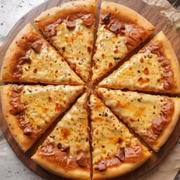 a pizza sitting on top of a wooden plate on top of a counter