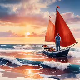 a man riding on top of a sailboat next to the ocean,painting of a person on a small boat in the ocean