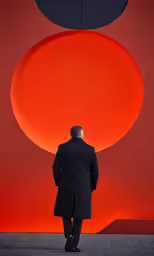 a man walking away from an orange structure