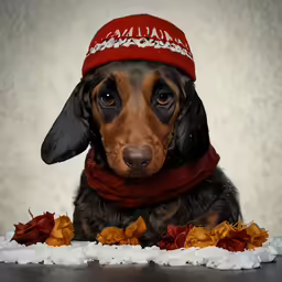 a dog wearing a scarf and hat sits on a cake