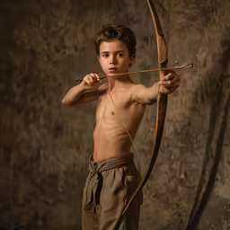 the young boy is practicing archery with his bow