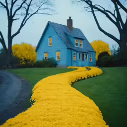 a blue house with yellow flowers next to it