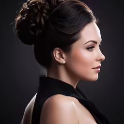 a woman with hair in top bun looks back