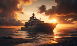 a ship is out in the ocean as the sun sets