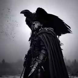 a man dressed in black with a big crow bird