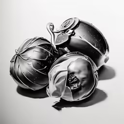 black and white image of two helmets on the floor