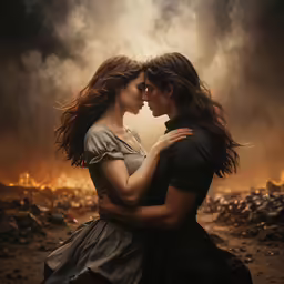 a couple is shown cuddling in front of the backdrop of smoke and rocks