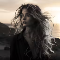 the blonde woman is looking into the distance,a woman with long, flowing hair stares into the distance