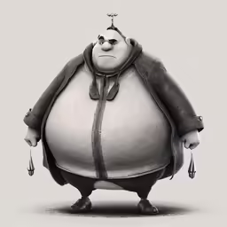 a drawing of a fat man in greys and black