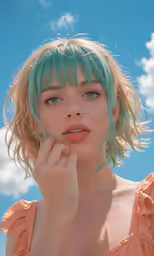 a woman with green hair and bangs posing