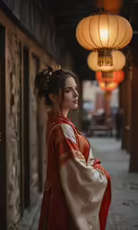 woman dressed in geisha clothing stands next to building