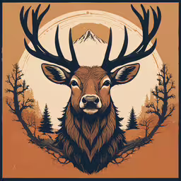 the head of a deer is shown through an orange background,a deer with antlers stands in the woods