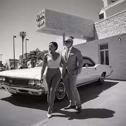 a man and woman walking towards a car in front of a building