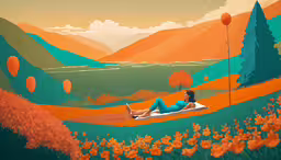 an artistic view of a woman laying in a field with balloon balloons,a painting of a woman laying down on her stomach
