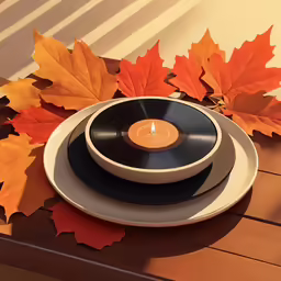 a table with autumn leaves and a record