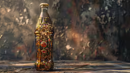 an intricate glass bottle on a table next to a metal background,an old antique wine bottle sits empty
