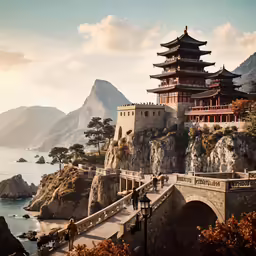 the castle is sitting on top of a mountain by the ocean
