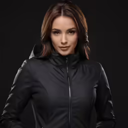 a woman in black leather jacket