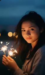 a beautiful young woman holding sparklers at night