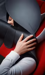 a woman with an unusual head and arm design, resting her hands on the face of a sofa cushion