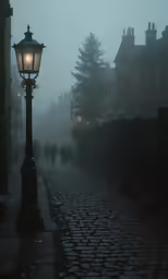 the street light is shining in the fog