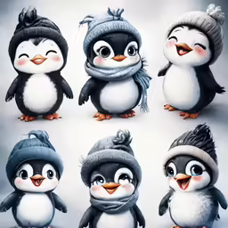 a set of six penguins wearing winter hats