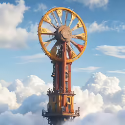 a large clock tower is shown in the clouds