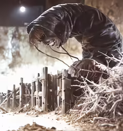 a man is standing by a fence holding something