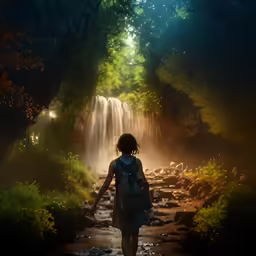 a woman standing at the bottom of a waterfall, with sunlight shining down