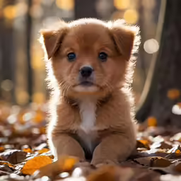 a brown dog sitting on top of a bed of leaves