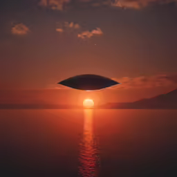 a flying object above a lake with the sun in the background