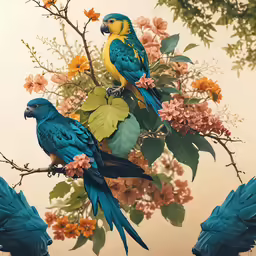 two colorful parrots sitting on the branch of a flowering tree