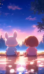 two cartoon rabbits sitting next to each other on a lake