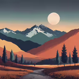a painting of a landscape with mountains and a person running across a river,a person walks on a path near some mountains