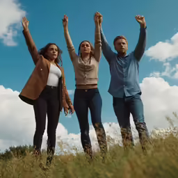 two men and one woman raise their arms in the air