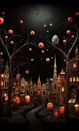 a painting of a night scene with buildings and lamps