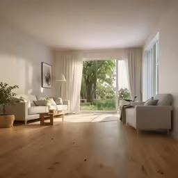 an empty living room has wooden floor and big windows