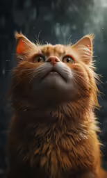 a red cat staring at the sky in a snow storm