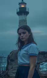 a young woman stands next to a lighthouse