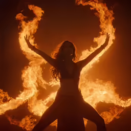 a woman is dancing while surrounded by fire