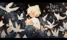 a picture of a boy eating a treat surrounded by birds