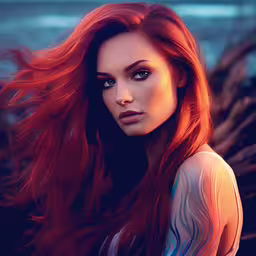a young woman with red hair and piercings,a beautiful woman with long red hair and artistic makeup