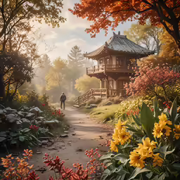 a painting of a man walking in the woods