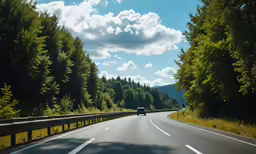 a car going down the road through some trees