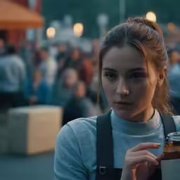 the girl is holding her glass cup at night time