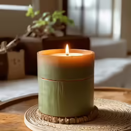 a lit candle sits on a table