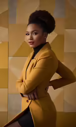 an image of an african american woman posing in a yellow coat