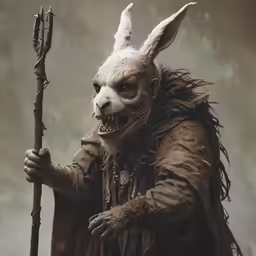 a demonic character standing with a stick in his hand