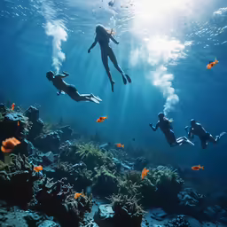 a group of people diving underwater while others swim in the background